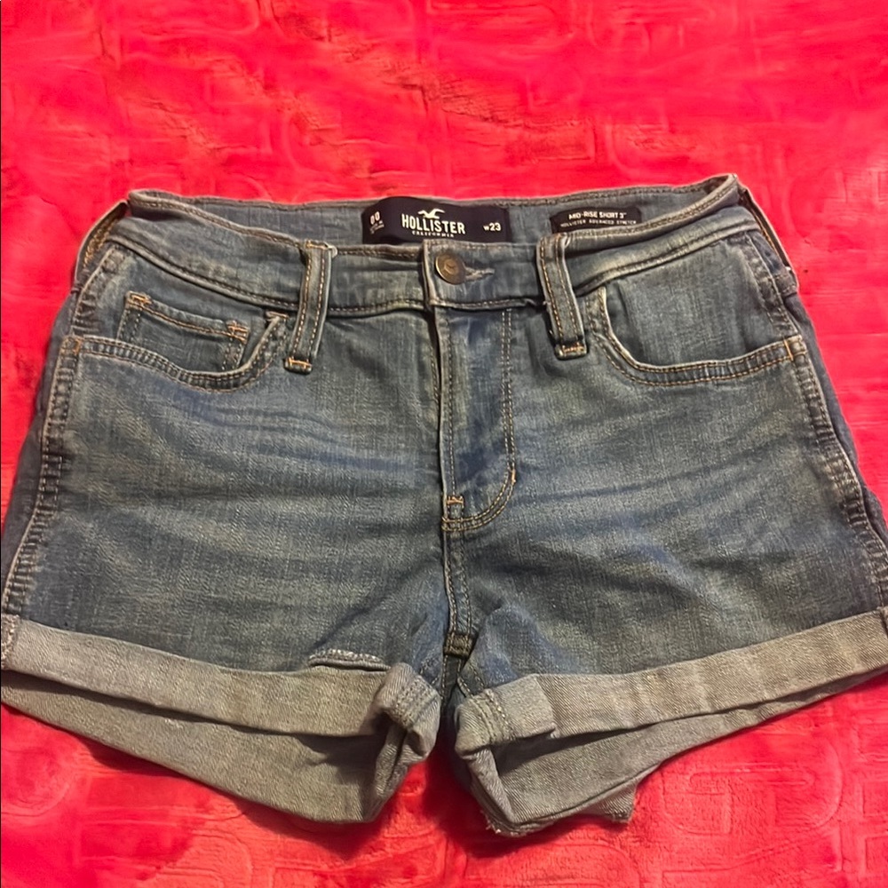 Hollister Blue Jean Shorts with Rolled Hem and Distressed Look
